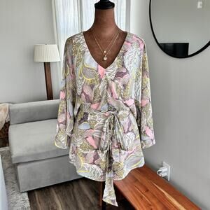 Pookie &‎ Sebastian Floral Boho Romper Pink Yellow Batwing Sleeve Summer Small
